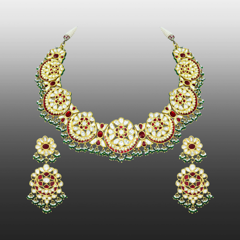 Crescent Polki Necklace Set with Red Talaf, Emeralds, and Pearls